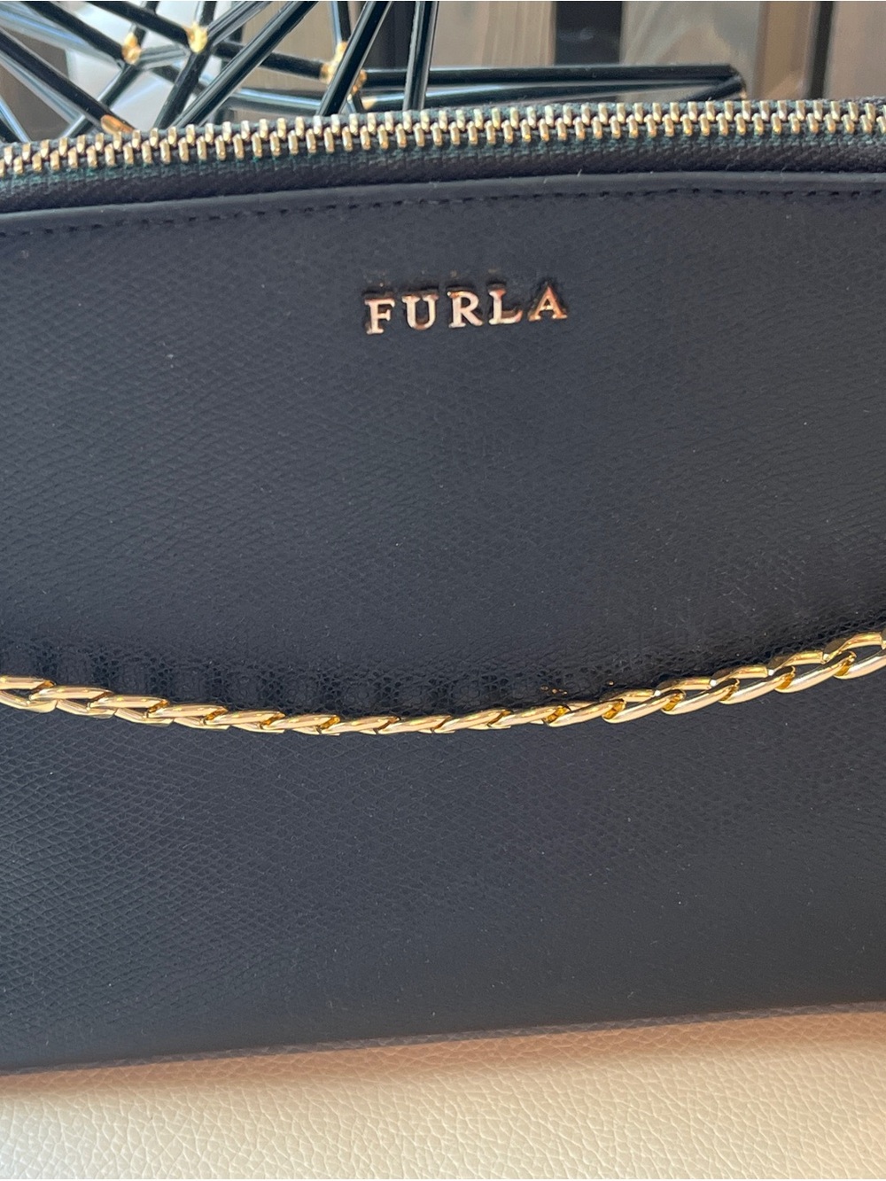 Furla Black Leather Cosmetic Case with Gold Chain Detail